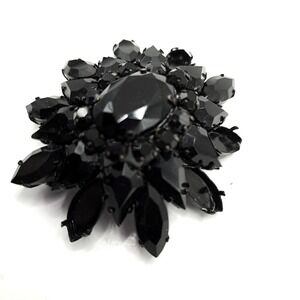 Vintage Western Germany Black Rhinestone Floral Brooch Statement Pin AS-IS 2.5"